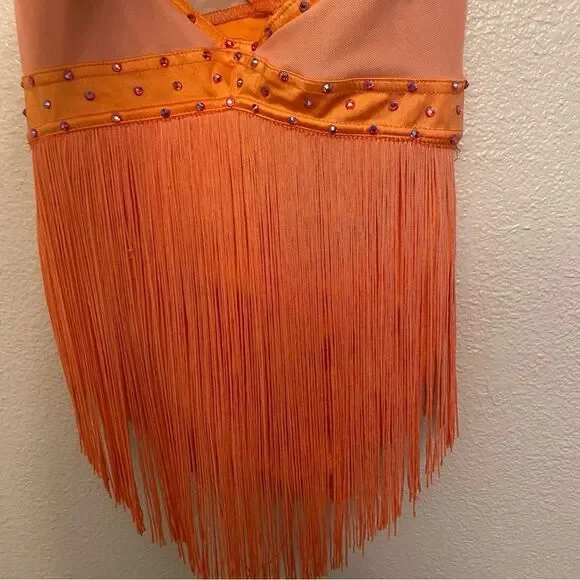 Weissman solo dance costume orange LUSTRE FRINGE HALTER DRESS D11359 SA  adult